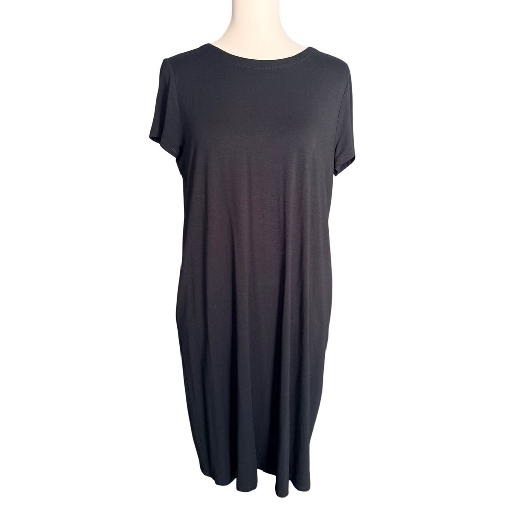 J. Jill Wearever Black Short Sleeve Pleated Button Back Shift Dress Womens M - Picture 1 of 12